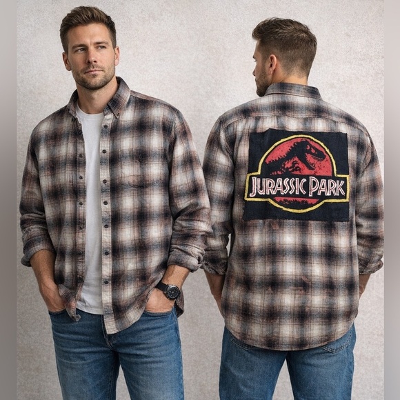 Viva Little Shop Handcrafted Other - Jurassic Park Custom Bleached Flannel Shirt Croft & Barrow XL Movie Logo